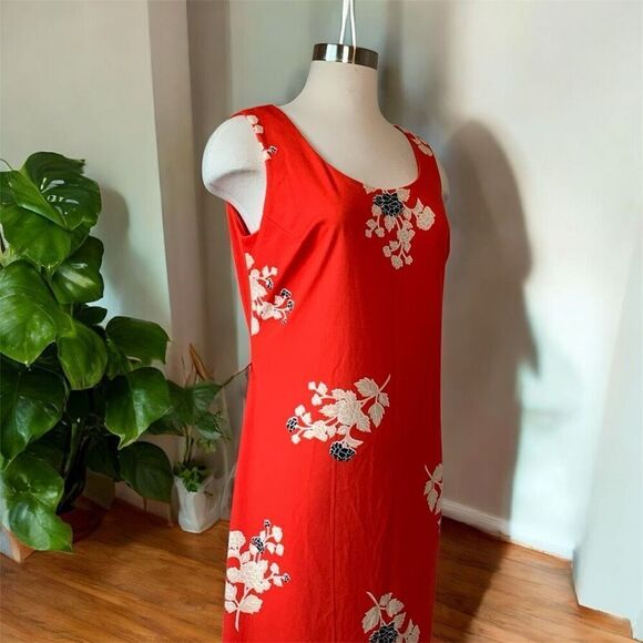 Vintage 1970s Red Maxi Dress Medium 70s Shift Floral - Picture 2 of 10